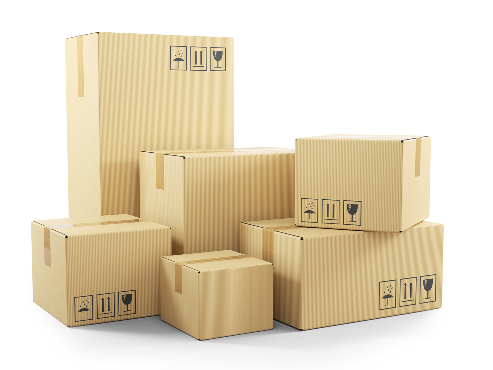Stack of moving boxes, isolated on a white background.